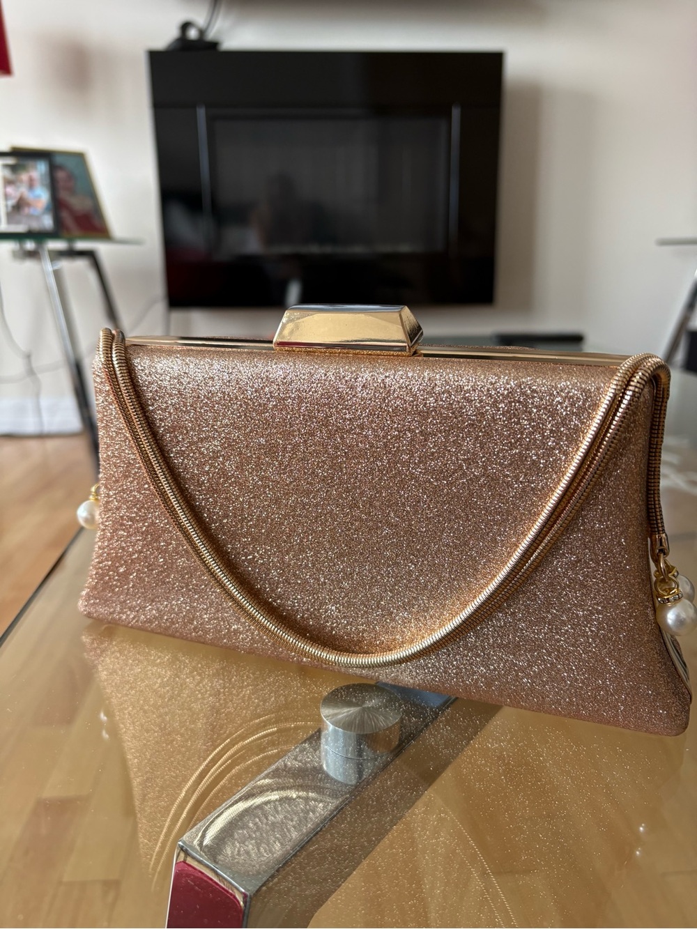 Rose Gold Glitter Evening Clutch with Pearl-Accent Chain